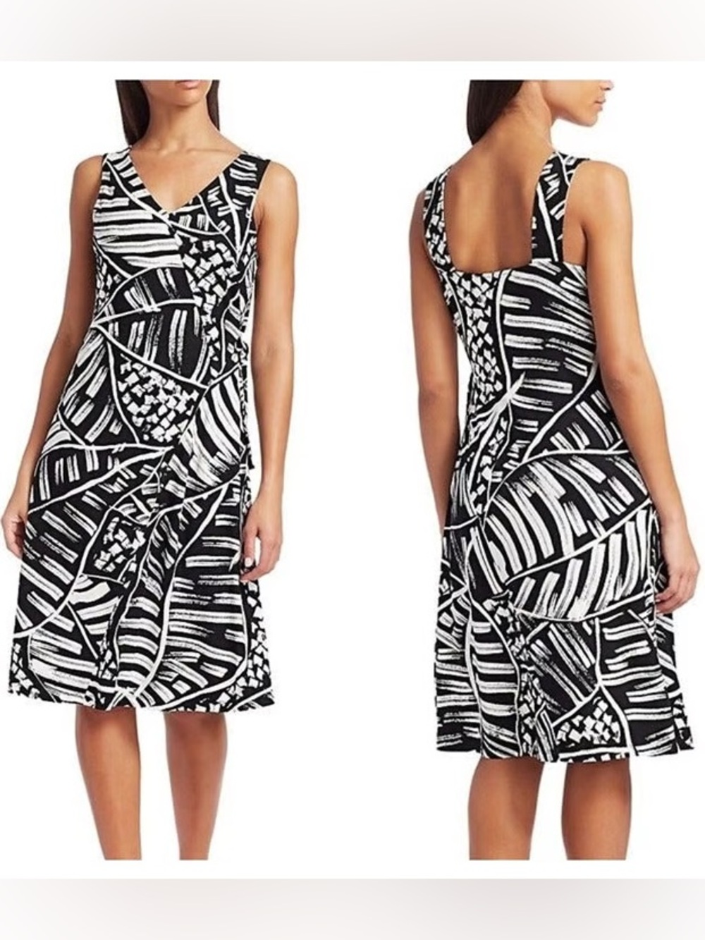 NIC+ZOE Black & White Graphic V-Neck “Moonlit Palm” Midi Dress